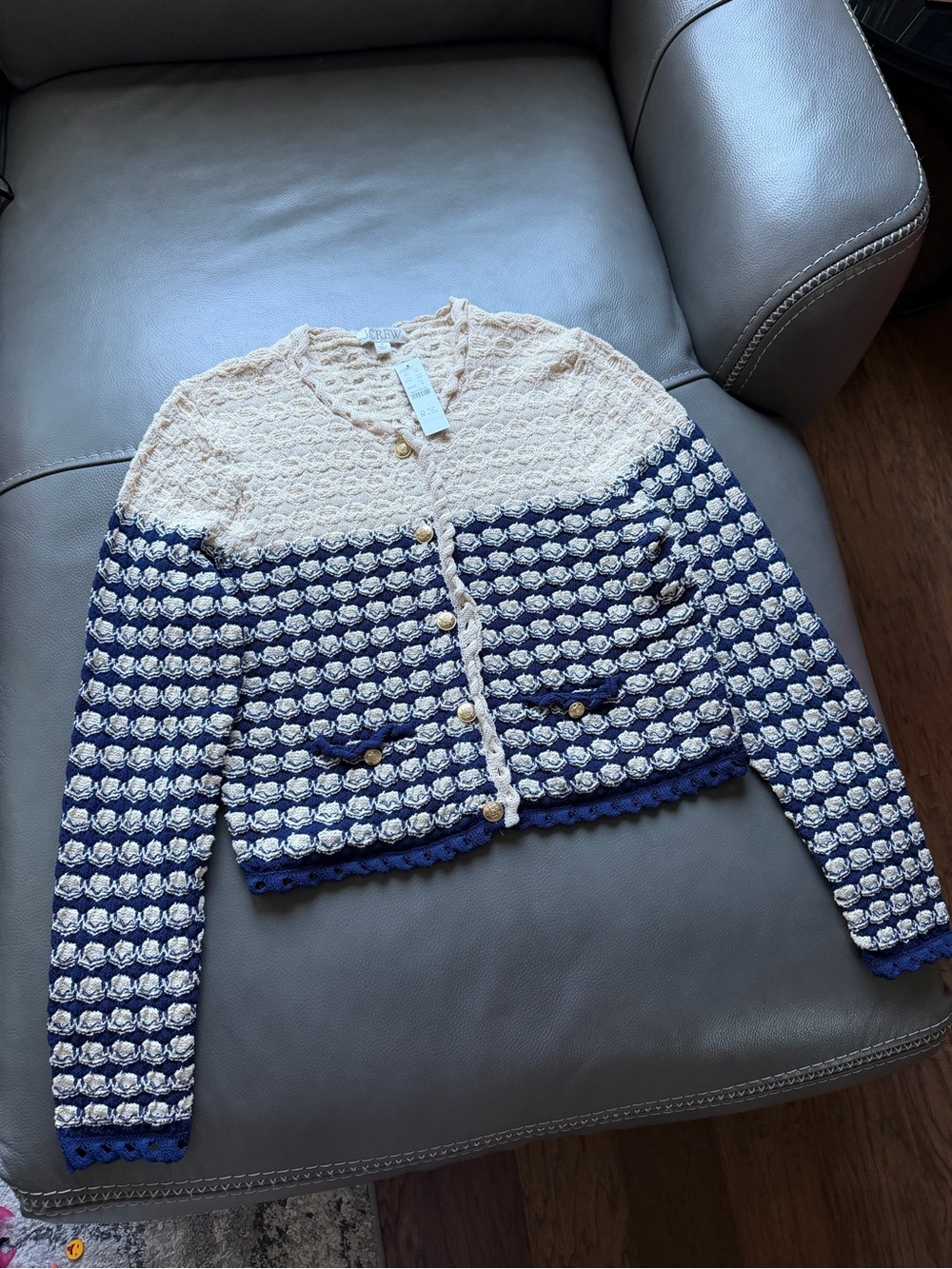 J. Crew Navy and Cream Crochet-Textured Button Cardigan